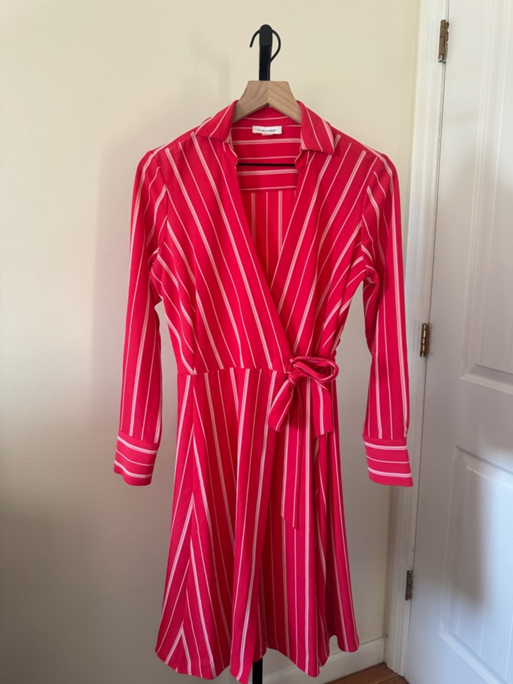 Calvin Klein Hot Pink and White Striped Wrap Dress